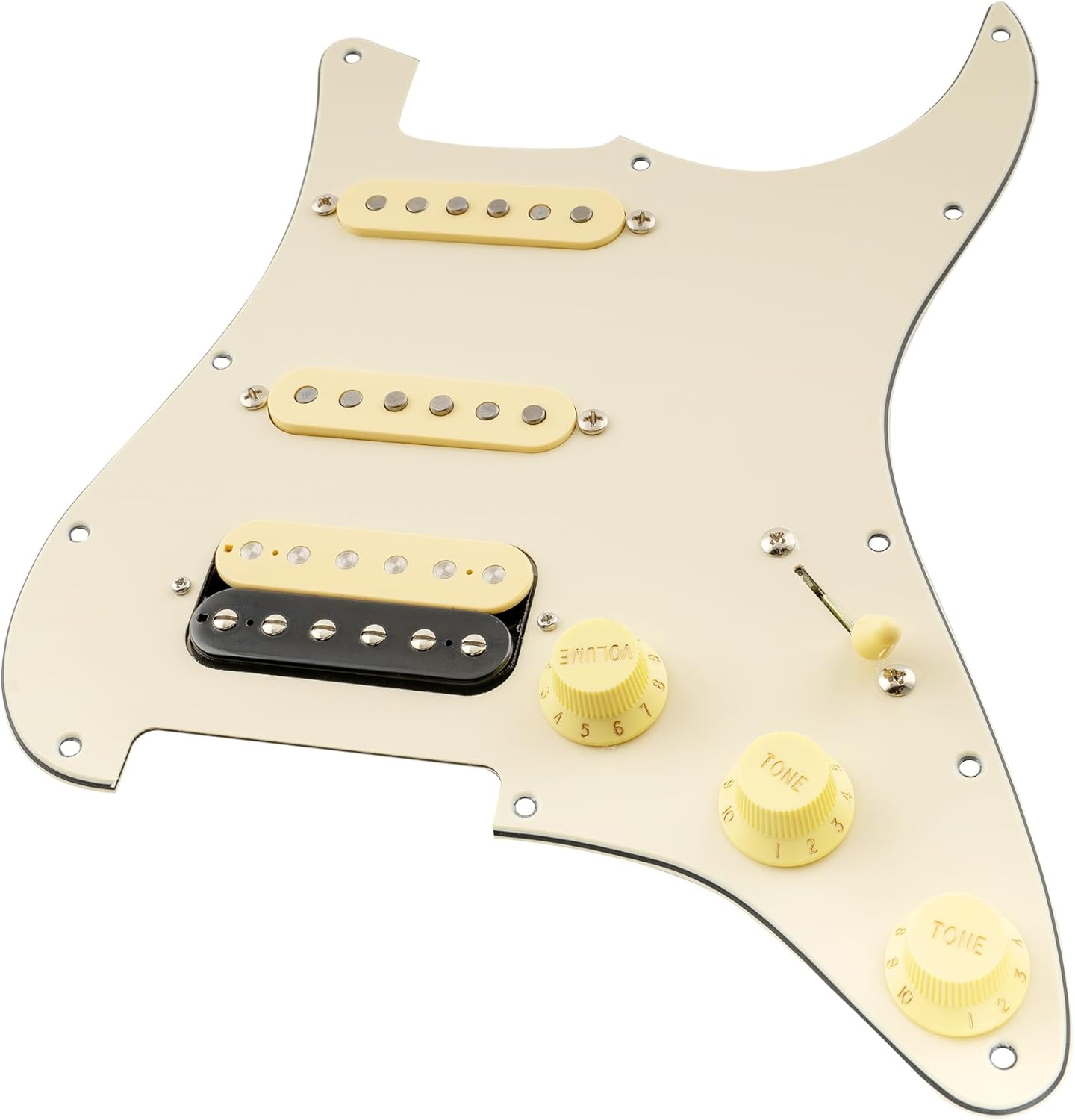 Musiclily Pro Auto-Split HSS Loaded Pickguard ST Prewired Pickguard with Artec Alnico 5 Single Coil Humbucker Pickups for American/Mexico Import Squier Strat Electric Guitar, 3ply Cream
