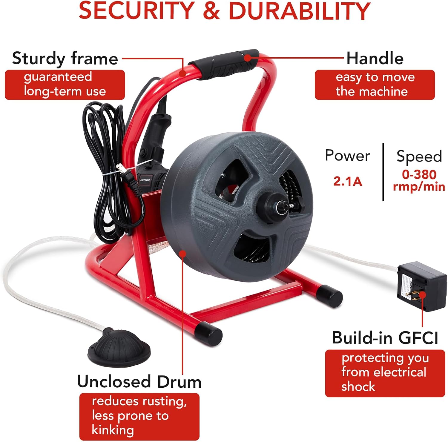 PIONEERWORKS 50Ft x 5/16 Inch Drain Cleaner Machine, Professional Electric Drain Auger for 3/4-3 Inch Pipes, Foot Switch with 6 Cutters, Gloves, Drain Auger Cleaner Sewer Snake - DA04