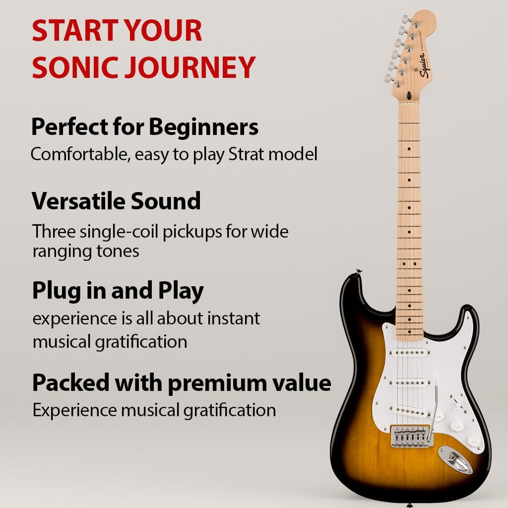 Fender Squier Sonic Strat Pack - 2-Color Sunburst Bundle with Frontman 10G Amp, Gig Bag, Tuner, Strap, Cable, Picks, and Austin Bazaar Guitar DVD