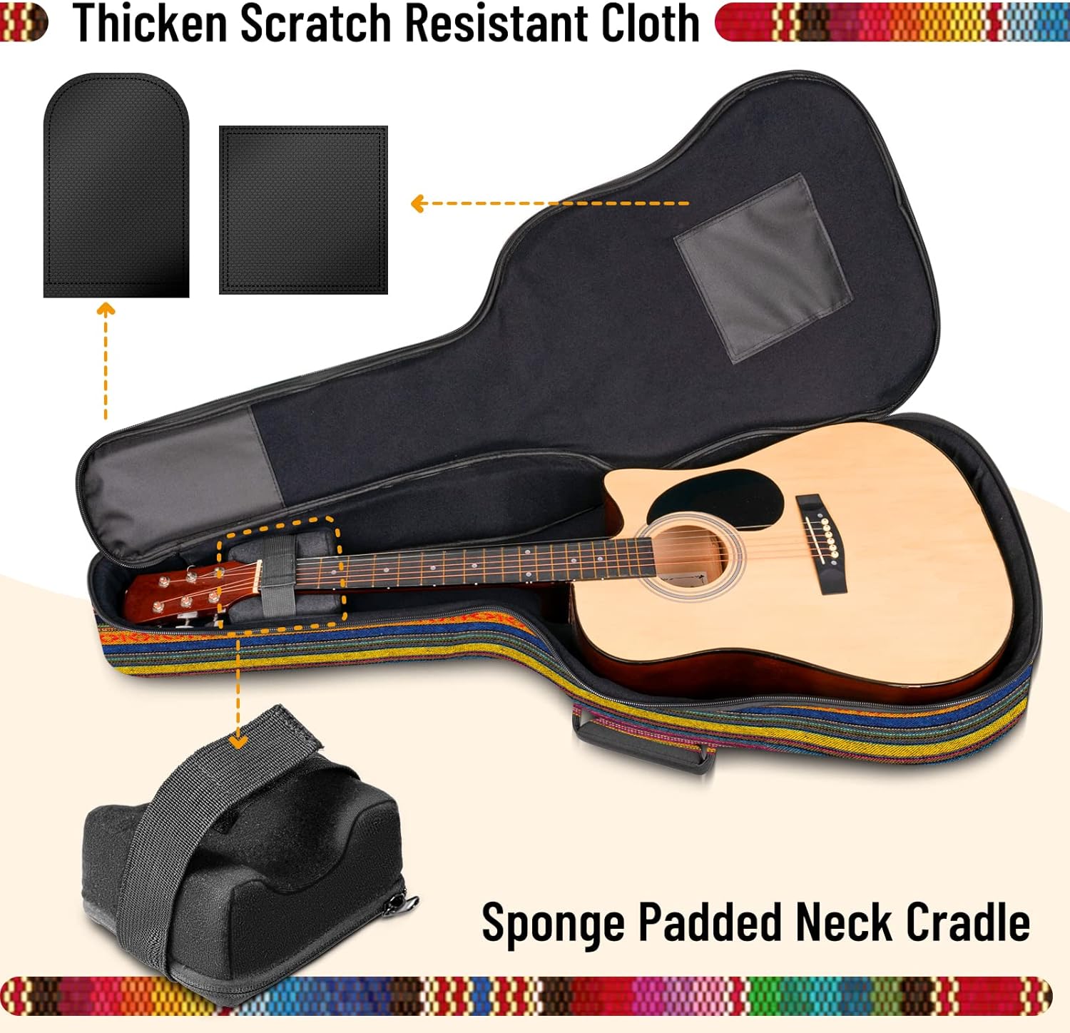 CAHAYA Acoustic Guitar Bag with Neck Cradle Bohemian Vintage Guitar Case 0.65in Thick Sponge Padded Guitar Case for 40 41 42 In Acoustic Classical Guitars CY0186