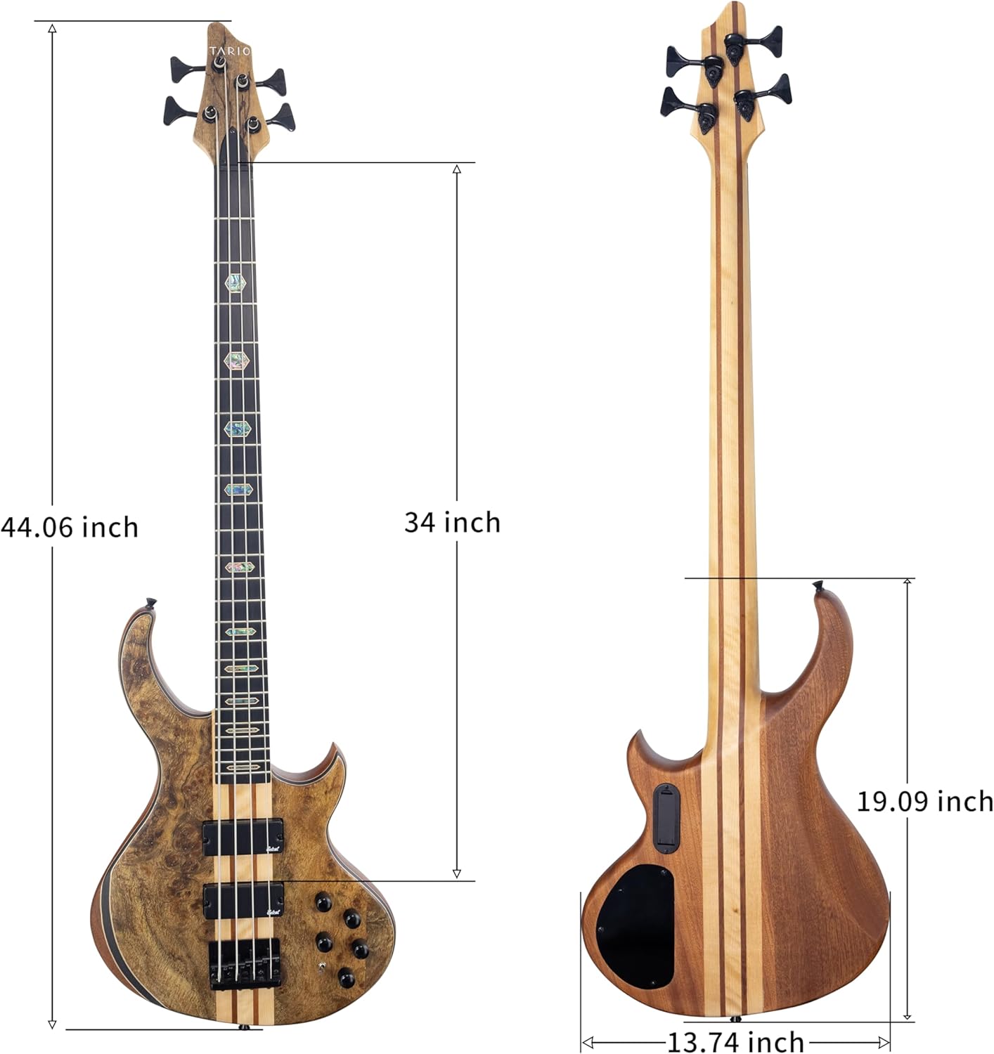 TARIO 4 String Electric Bass Guitar Burl poplar top Millettia Laurentii Okoume body Maple Fretboard
