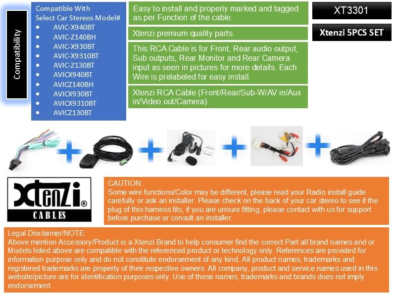 Xtenzi Car Audio 5 Pcs Set XT3301 GPS MIC RCA Wire Harness and USB Connection Cable Compatible with Pioneer AVICX930BT AVICZ130BT
