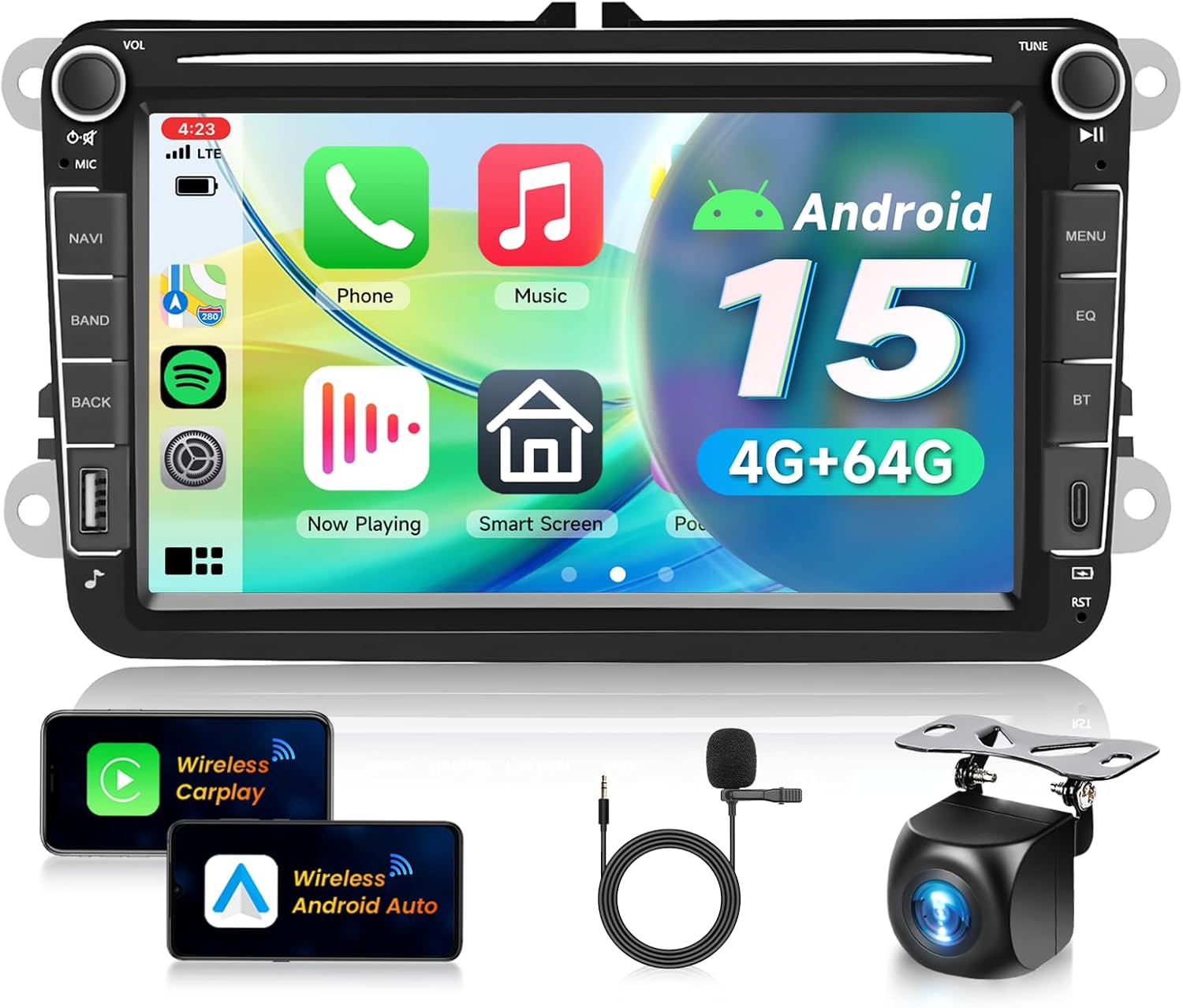 4G+64G Android 15 Double Din Car Stereo for VW Volkswagen SEAT Skoda Jetta Golf Polo Touran Support Wireless Carplay Android Auto, 8 Inch Touchscreen VW Car Radio with GPS, WiFi, Bluetooth, FM, 32 EQ