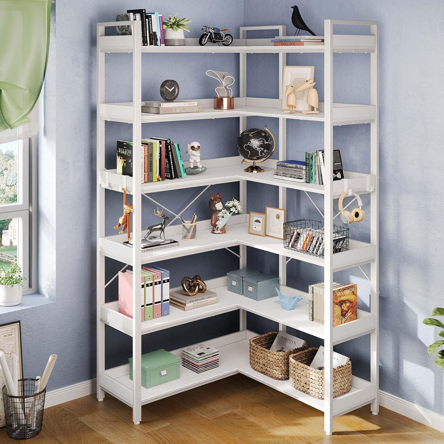 Rolanstar Bookshelf 6 Tier with 4 Hooks, Reversible Corner Bookshelf, 69