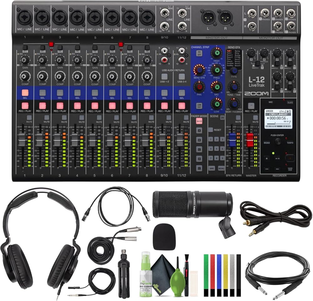 Zoom LiveTrak L-12-12-Channel Digital Mixer & Multitrack Recorder + Zoom ZDM-1 Podcast Mic Pack + Audio Cable 3.5mm 1/8 inch Mono Male to RCA Mono Male Connector + More
