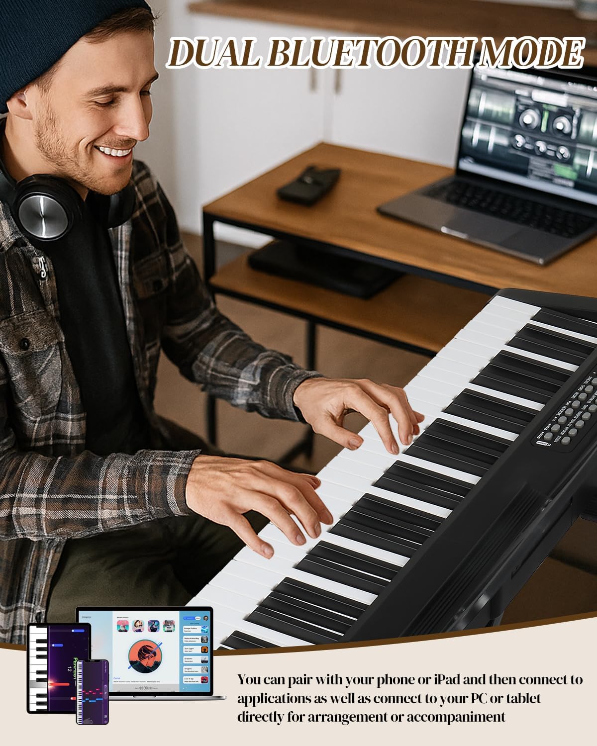 Ktaxon 88 Key Keyboard Piano with Bluetooth MIDI, 3 Teaching & Dual Keyboard Mode, 1000 Rhythms & Tones, 150 Demos, Digital Piano with Bench, Headphones, Microphone, Pedal, Piano Sticker (Full)