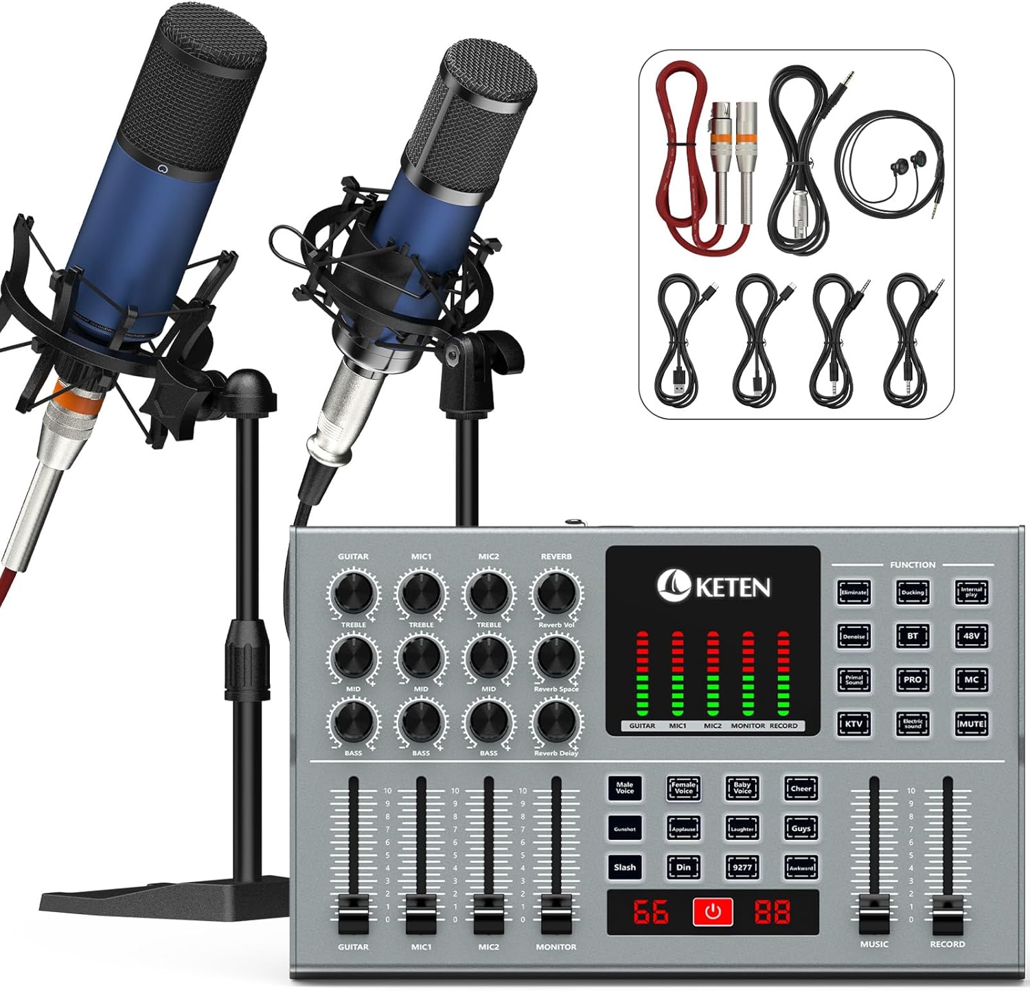 Podcast Equipment Bundle For 2, Keten Audio Interface with 48V & 3.5MM XLR Condenser Microphones for All-In-One DJ Mixer, Smartphone & PC, Perfect for Podcasting, Recording, Singing, Streaming, Gaming