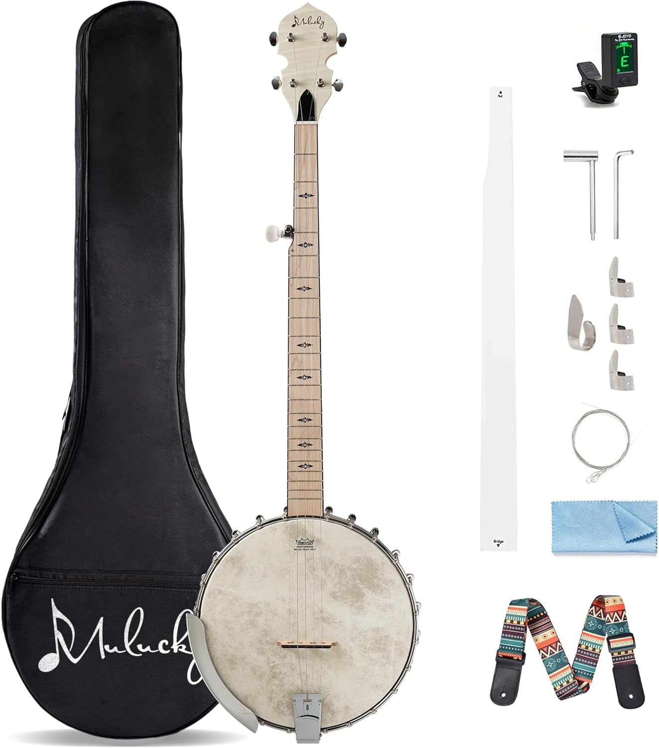 5 String Banjo, Mulucky Full Size with 24 Brackets Banjo, Open Back, Maple Banjos with Remo Head, Geared 5th Tuner, Gift Package with Beginner Kit - MB1101