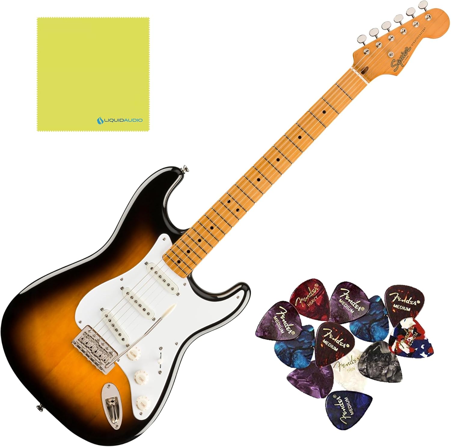 Squier Classic Vibe '50s Stratocaster, Maple Fingerboard, 2-Color Sunburst - 0374005500 Bundle w/ 12-Pack Guitar Pick and Liquid Audio Polishing Cloth