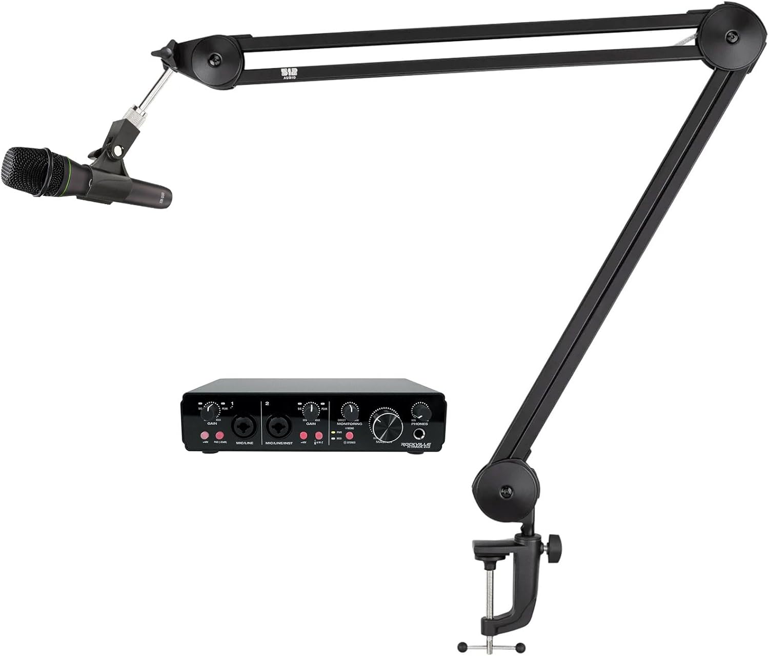 Audiosavings Bundle: Rockville R-TRACK Computer Recording Interface w/2 Mic-Pres Bundle with Mackie EM-89D Dynamic Microphone, Adjustable Microphone Boom Arm Mic Stand (3 Items)