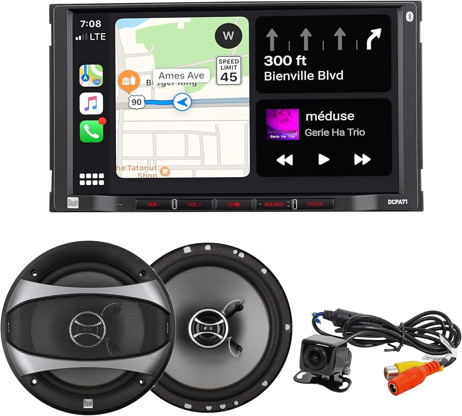 Dual Electronics DCPA71-BC 7-inch Certified Apple Carplay Android Auto Car Stereo with XCAM150 Backup Camera & D65SP 6.5 inch Speakers Bundle