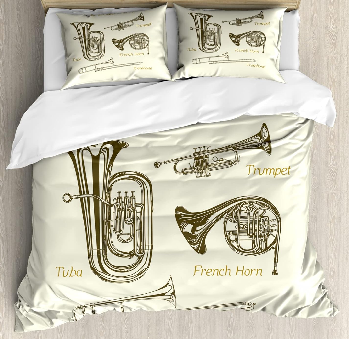 Lunarable Music Duvet Cover Set of 2, Brass Family Instruments Drawing of Tuba Trumpet Trombone and French Horn, Decorative 6 Pcs Bedding Set with 4 Pillow Shams, King Size, Green Khaki