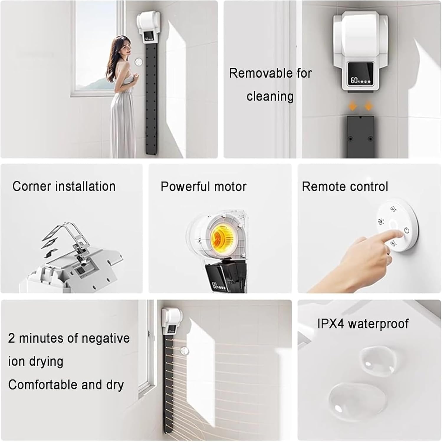 3300W Air Column Blow Dryer, Removable Body Dryer, 26 Air Outlets, 2-minute Ionic Drying, Touch Screen or Remote Control, Removable Cleaning, Wall Mount Corner Mounting Design, for Bathroom Hotel Sho