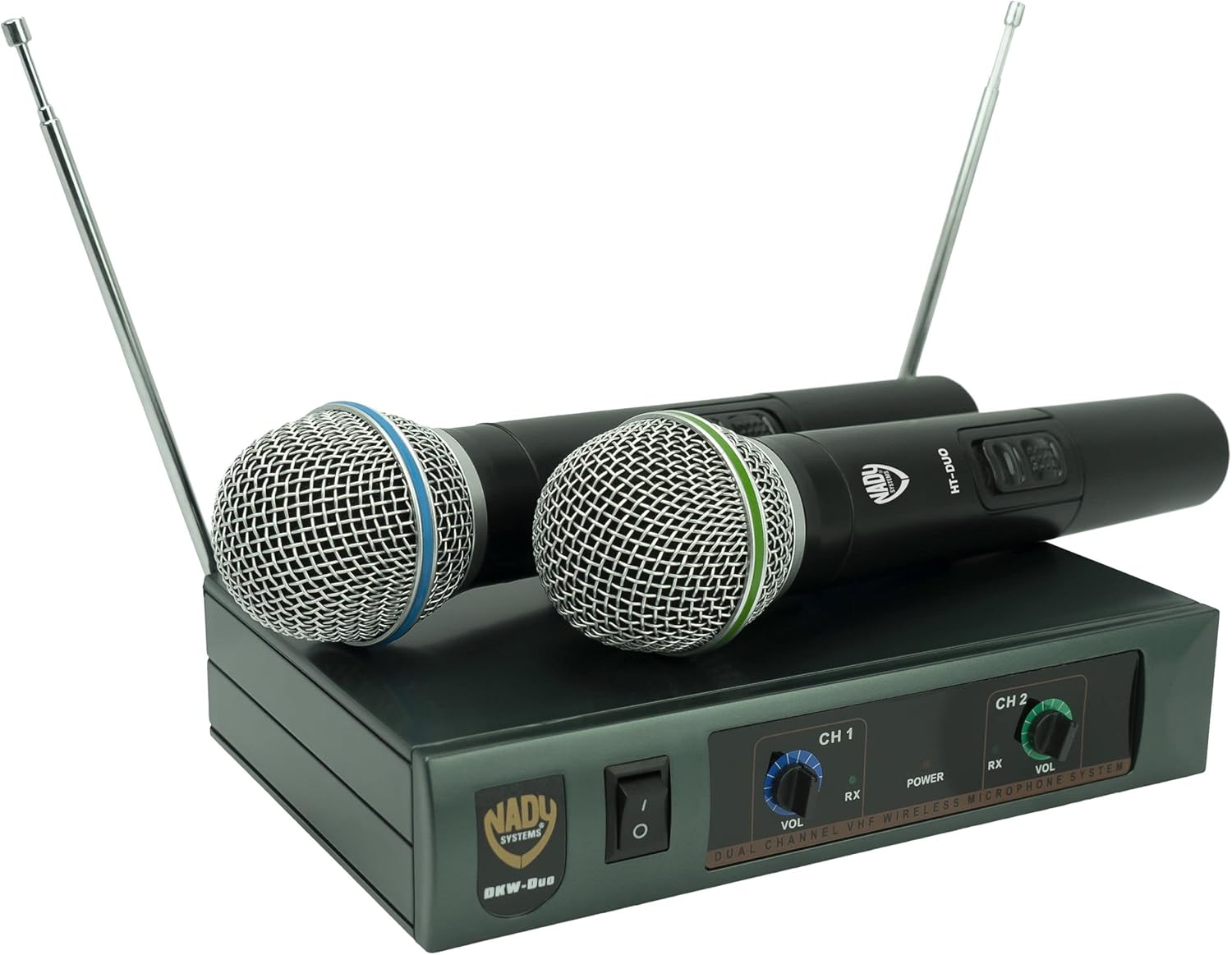 Nady DKW-Duo-HT Channel (B/D) VHF Dual Wireless Handheld Microphone System – Includes 2 Microphones, AC Adapter and Audio Cable