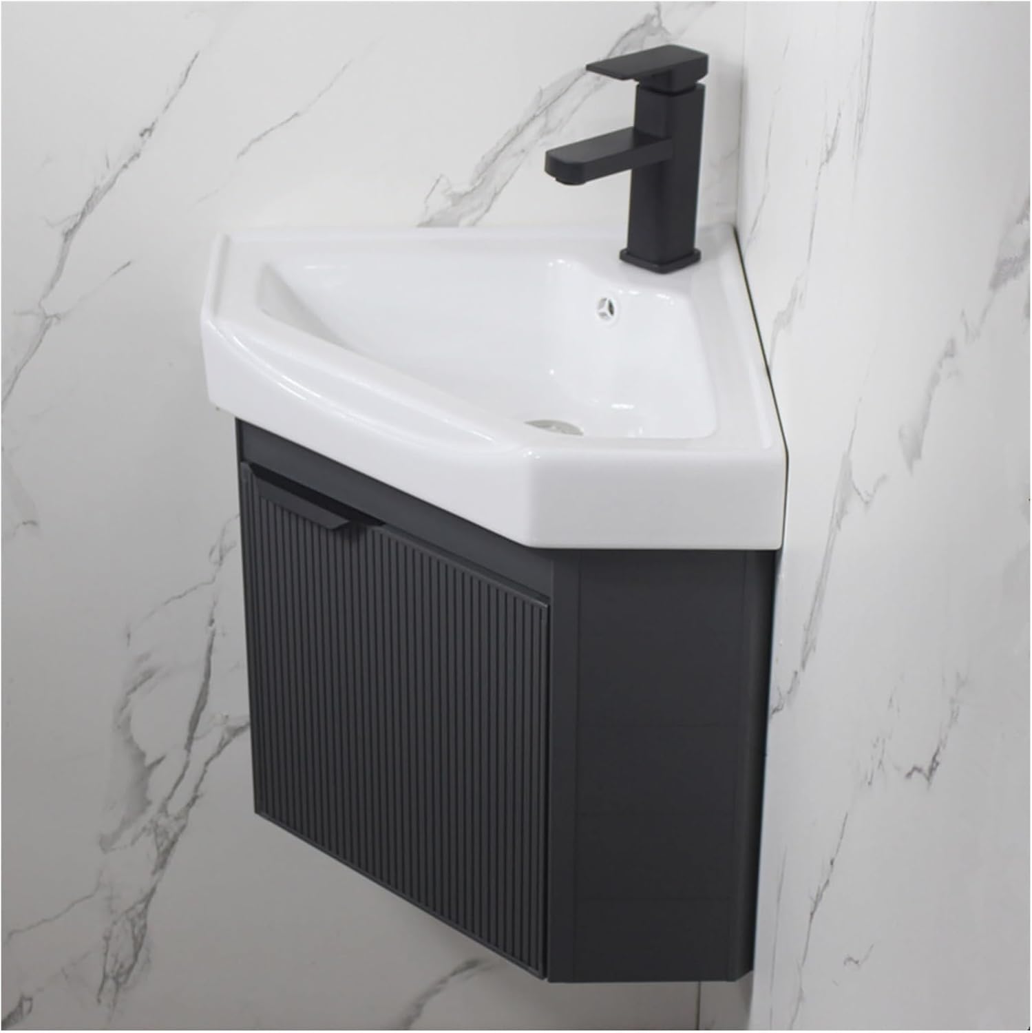 Small Wall Mount Corner Sink,Bathroom Triangle Wall Mounted Ceramic Wash Basin,Vanity Sink Wall Hung Floating Porcelain with Hot and cold Faucet Hole and Overflow for Small Space Outdoor and Indoor(48