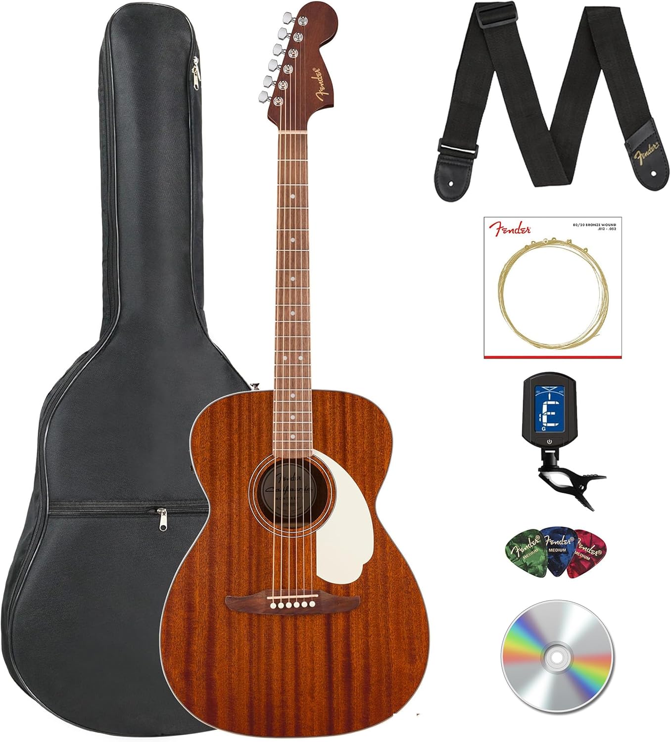 Fender California Standard Monterey E Acoustic-Electric Guitar - Natural Sapele Bundle with Gig Bag, Tuner, Strap, Strings, Picks, and Austin Bazaar Instructional DVD