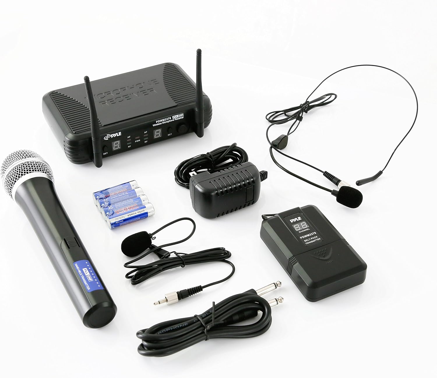 Pyle Dual Channel UHF Wireless Microphone System Handheld MIC, Headset, Belt Pack, Lavalier/Lapel MIC With 8 Selectable Frequency Independent Volume Controls AF & RF Signal Indicators
