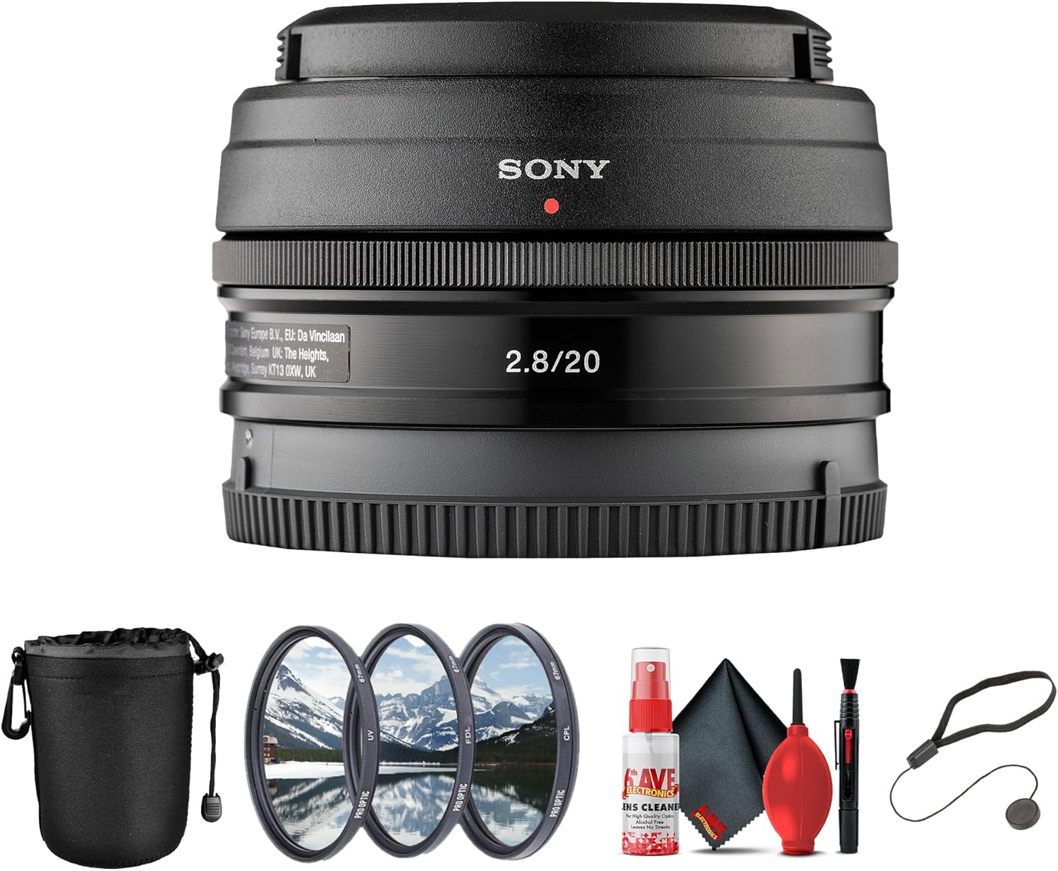Sony E 20mm f/2.8 Pancake Prime Lens – Ultra-Compact Wide-Angle, Lightweight (SEL20F28B) + Filter Kit + Cleaning Kit + Lens Pouch + Cap Keeper (Renewed)