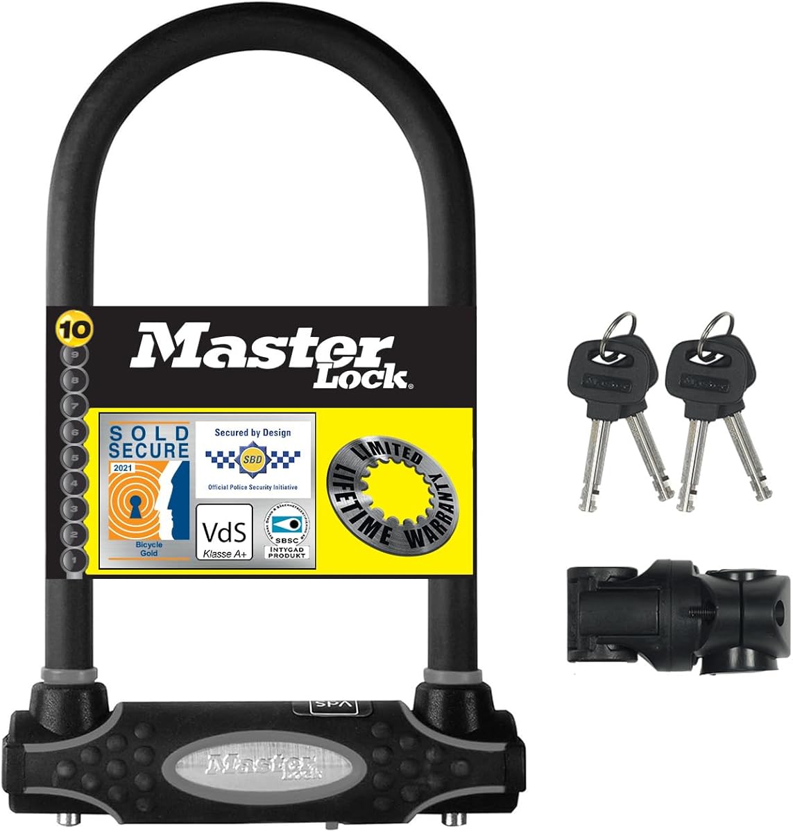 Master Lock Heavy Duty Bike D Lock - Black - Key Lock - 13mm Hardened Steel Shackle - Anti Drill Plate - Dual Locking Mechanism - Anti Dust Cover