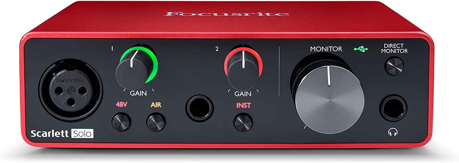 Focusrite Scarlett Solo Studio 3rd Gen USB Audio Interface and Recording Bundle with Monitors (Pair), Microphone Stand, 8mm TS Cable (2-Pack), and Pop Filter (5 Items)