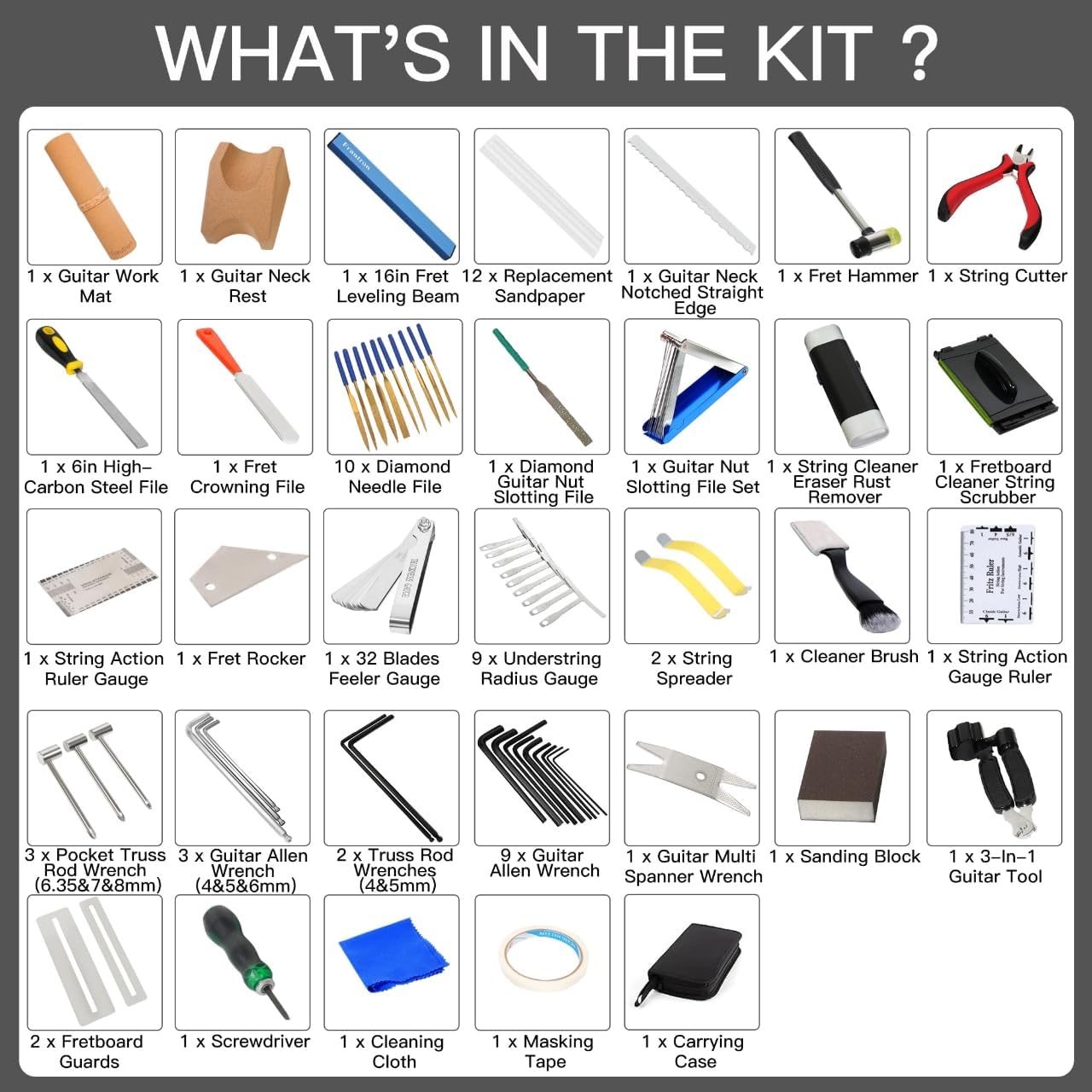 Guitar Repairing Maintenance Tool Kit, Complete Pro Guitar Setup Kit Luthier Repair Tools with Guitar Work Mat and Neck Rest Support Cradle for Guitar Workstation Musician Enthusiast Guitarist