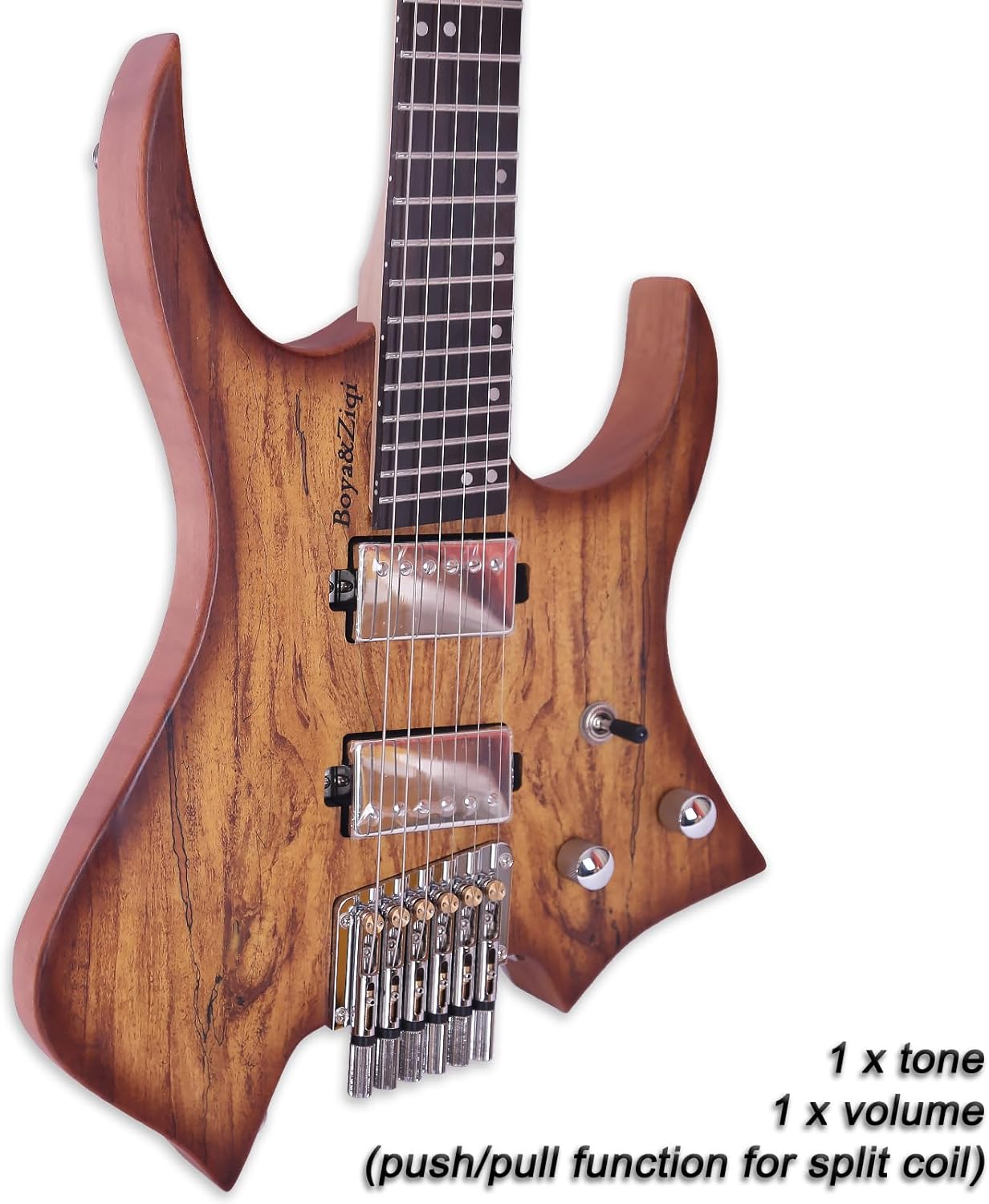 Boya&Ziqi Headless Electric Guitar LIZARD-6,FANNED FRETS, Independently Adjustable Bridge,Split coil control,5-Piece Maple/Streaked Ebony Neck (Natural Burst Spalted Maple, Right)