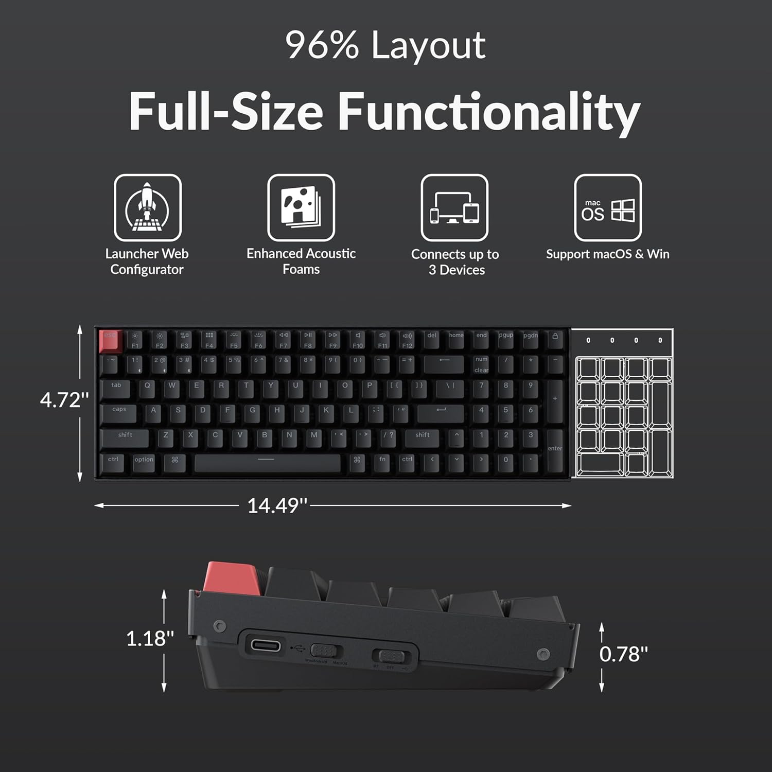 Keychron K4 96% Layout QMK Wireless and Wired Options Mechanical Keyboard Super Brown Switch, Paired with Shine-Through Double-Shot PBT Keycaps for Mac Windows-Version 3