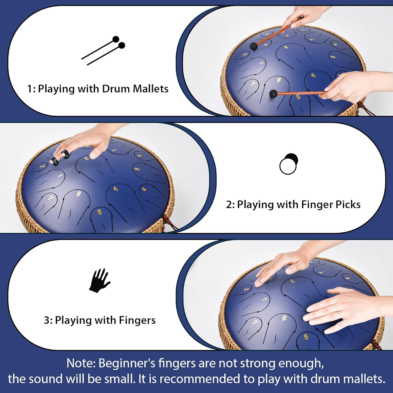 Steel Tongue Drum - 14 Inch 15 Note Tongue Drum - Hand Pan Drum with Music Book, Handpan Musical Instrument Mallets and Carry Bag, C Major, Deep Blue