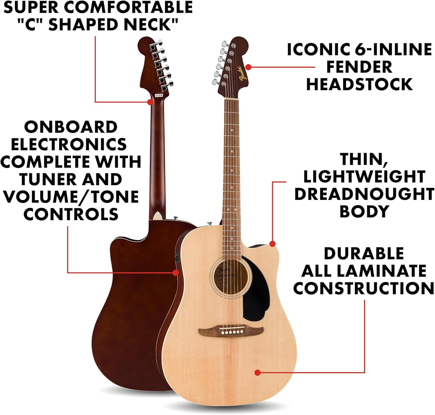 Fender California Debut Redondo CE Series Acoustic Guitar, Beginner Guitar, 2-Year Warranty, Includes Built-In Tuner, Natural