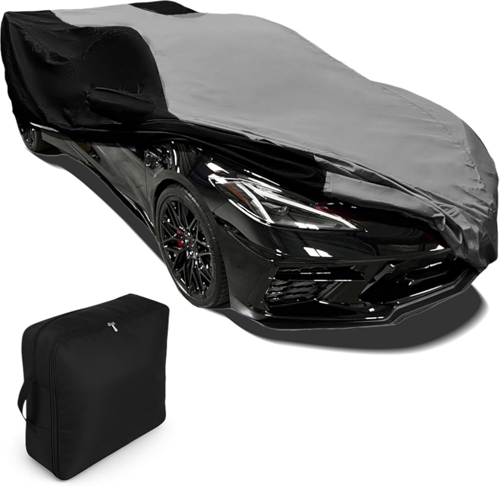 C8 Corvette Car Cover - Custom Fit Outdoor/Indoor Ultraguard Plus Water Resistant 300 Denier UV & Rain Protection for 2020-2026 Stingray, Z51, Z06, E-Ray Corvettes (Gray/Black)
