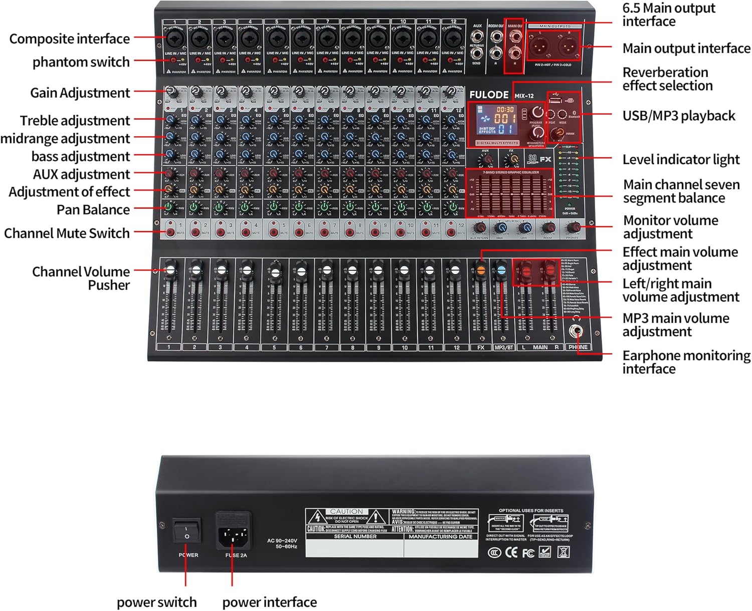12-Channel Bluetooth Studio Audio Mixer 99 Bit DSP Digital Processor w/USB MP3 for PC Recording Input, XLR Microphone Jack, 48V Power, For Professional and Beginners DJ Mixer