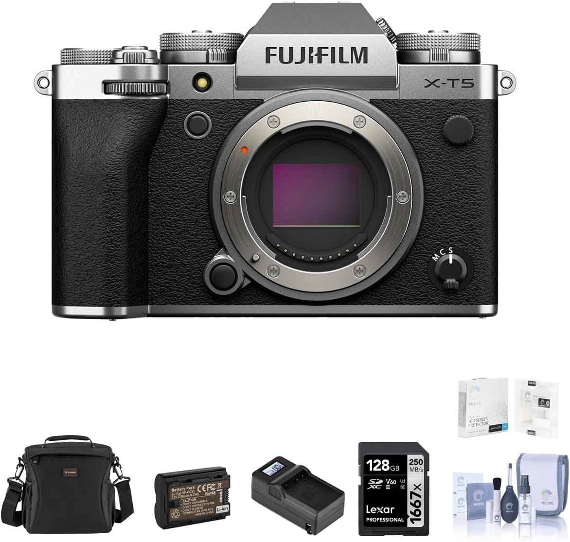 Fujifilm X-T5 Mirrorless Camera, Silver Bundle with 128GB SD Card, Shoulder Bag, Extra Battery, Charger, Screen Protector, Cleaning Kit