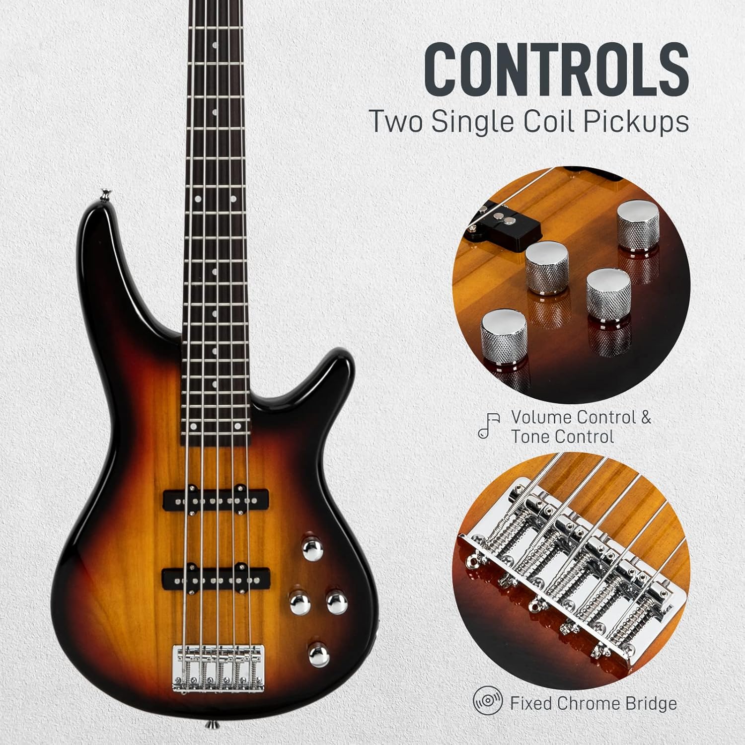 Ktaxon 5 String Electric Bass Guitar, Full Size Standard Right Handed Rosewood Fretboard Bass Kit with Gig Bag Strap Cable Wrench Tool (Sunset)