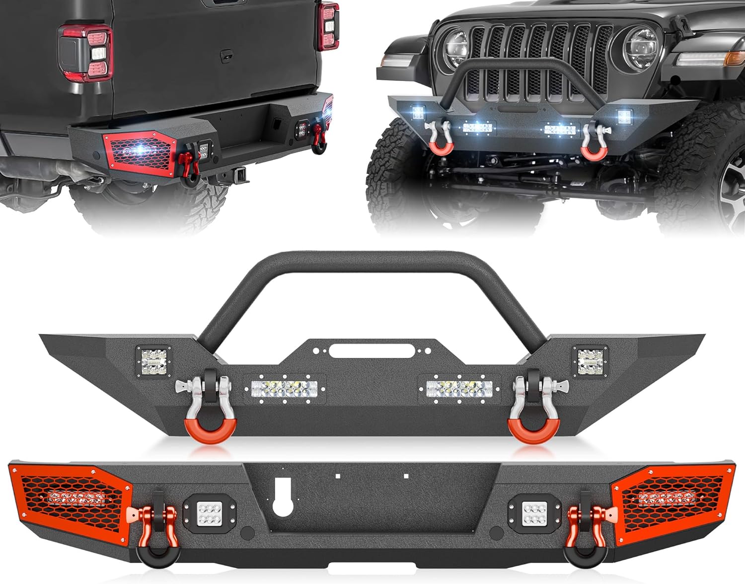 for JT Pickup Truck Front and Rear Bumpers Compatible with 2020 2021 2022 2023 2024 2025 2026 Jeep Gladiator JT with Winch Plate, LED Lights, Paintable Armor, Sensor Holes & D-rings (2/4 Doors)