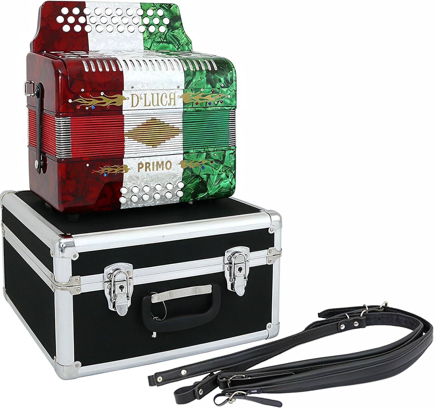 D'Luca Primo Button Accordion 31 Keys 12 Bass on FBE Key with Case and Straps, Red, White, Green