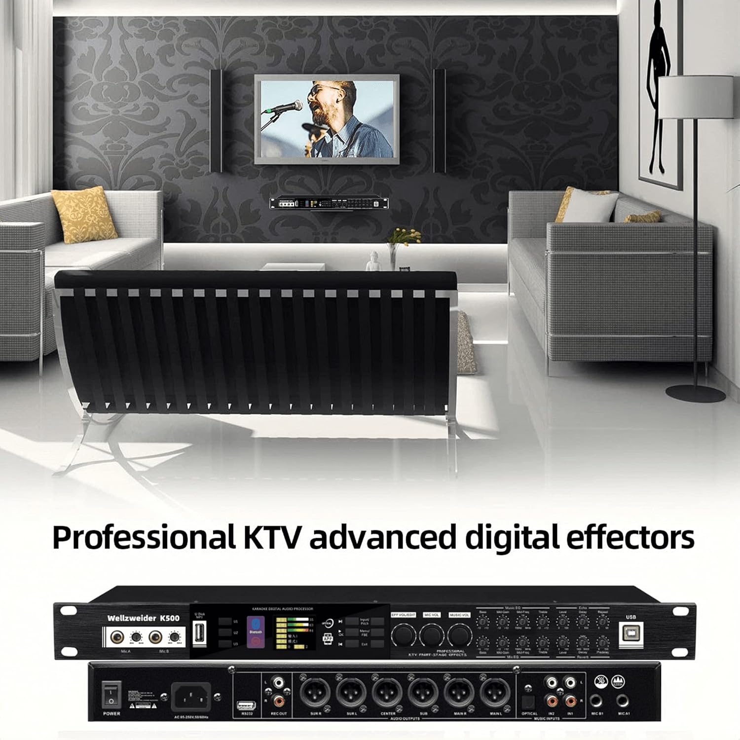 Audio Processor Mobile APP debugging Level 4 anti-whistle digital karaoke Mixer Microphone 4 inputs Reverberator USB Bluetooth Digital Mixer Reverberator Microphone KTV Karaoke Audio Processor