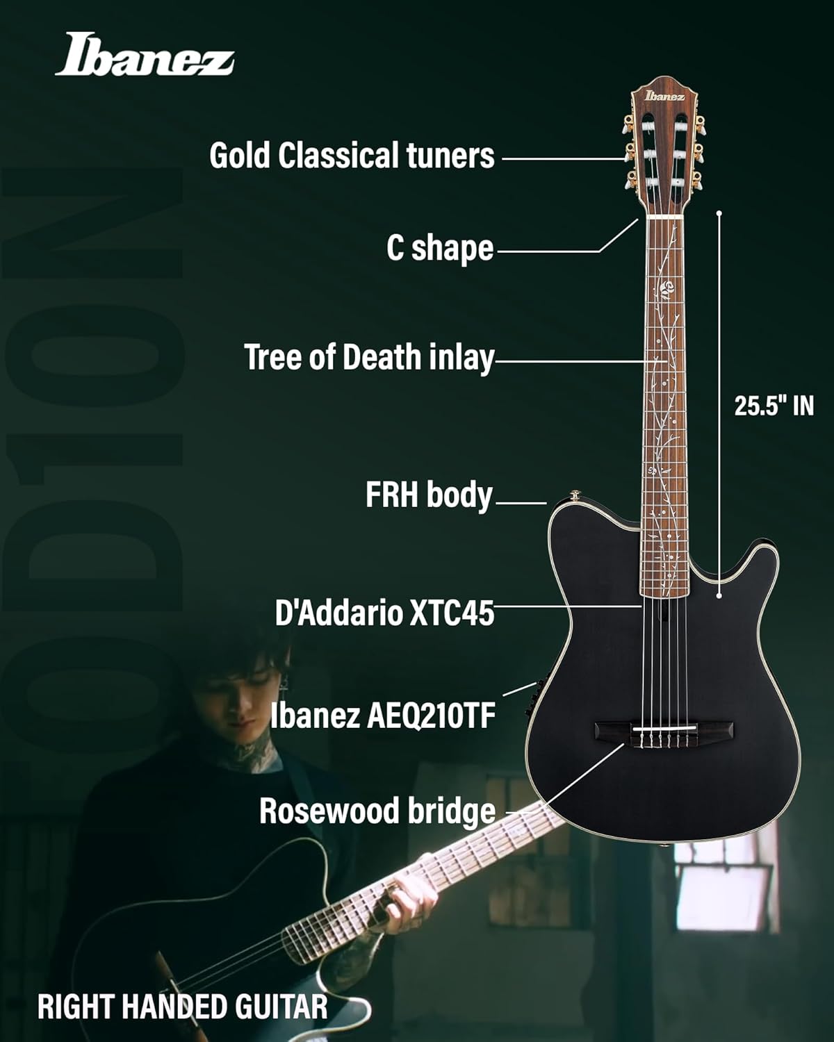 Ibanez TOD10N Tim Henson Nylon Acoustic-Electric Guitar - Transparent Black Flat Bundle with Case, Tuner, Strap, Strings, Picks, Austin Bazaar Instructional DVD, and Polishing Cloth