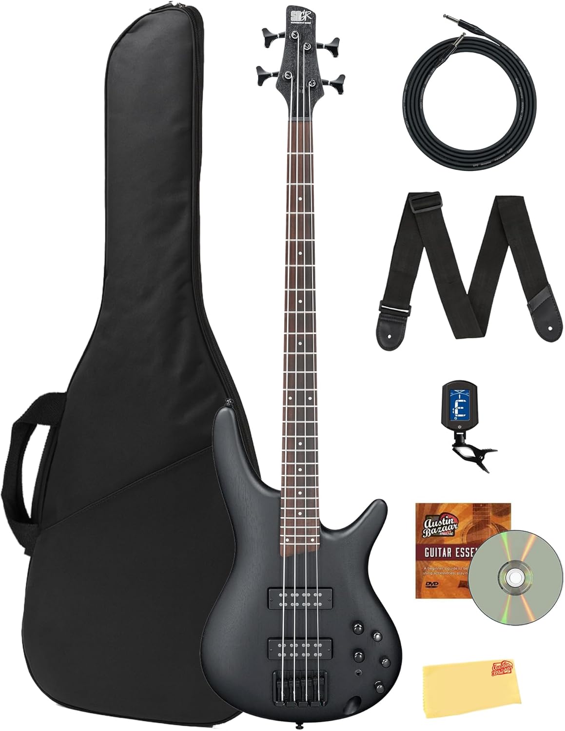 Ibanez SR300E SR Standard Electric Bass - Weathered Black Bundle with Gig Bag, Tuner, Strap, Cable, Austin Bazaar Instructional DVD, and Polishing Cloth