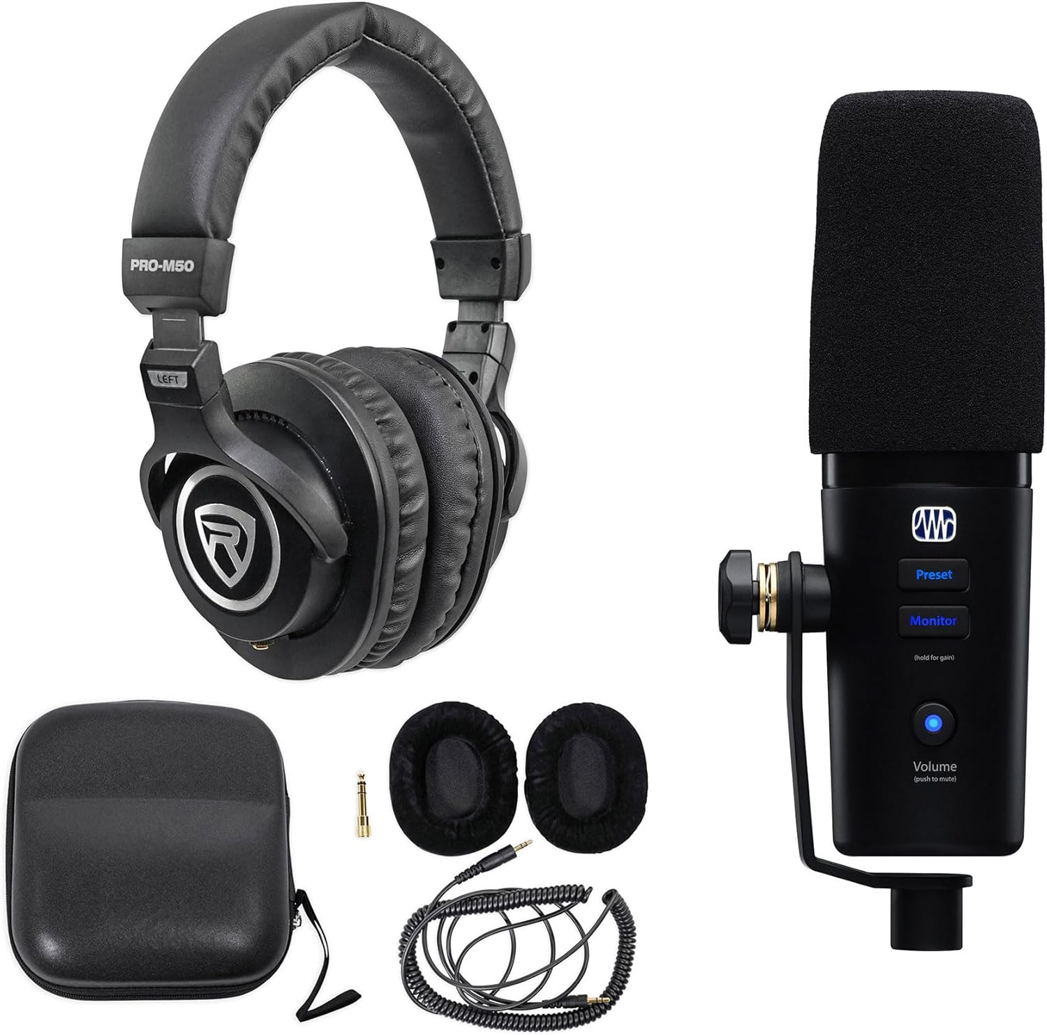 Audiosavings Bundle: Presonus Revelator Dynamic USB-C Microphone for Recording/Streaming/Podcasting Bundle with Rockville PRO-M50 Studio Headphones w/Detachable Coil Cable, Case+Ear Pad (2 Items)