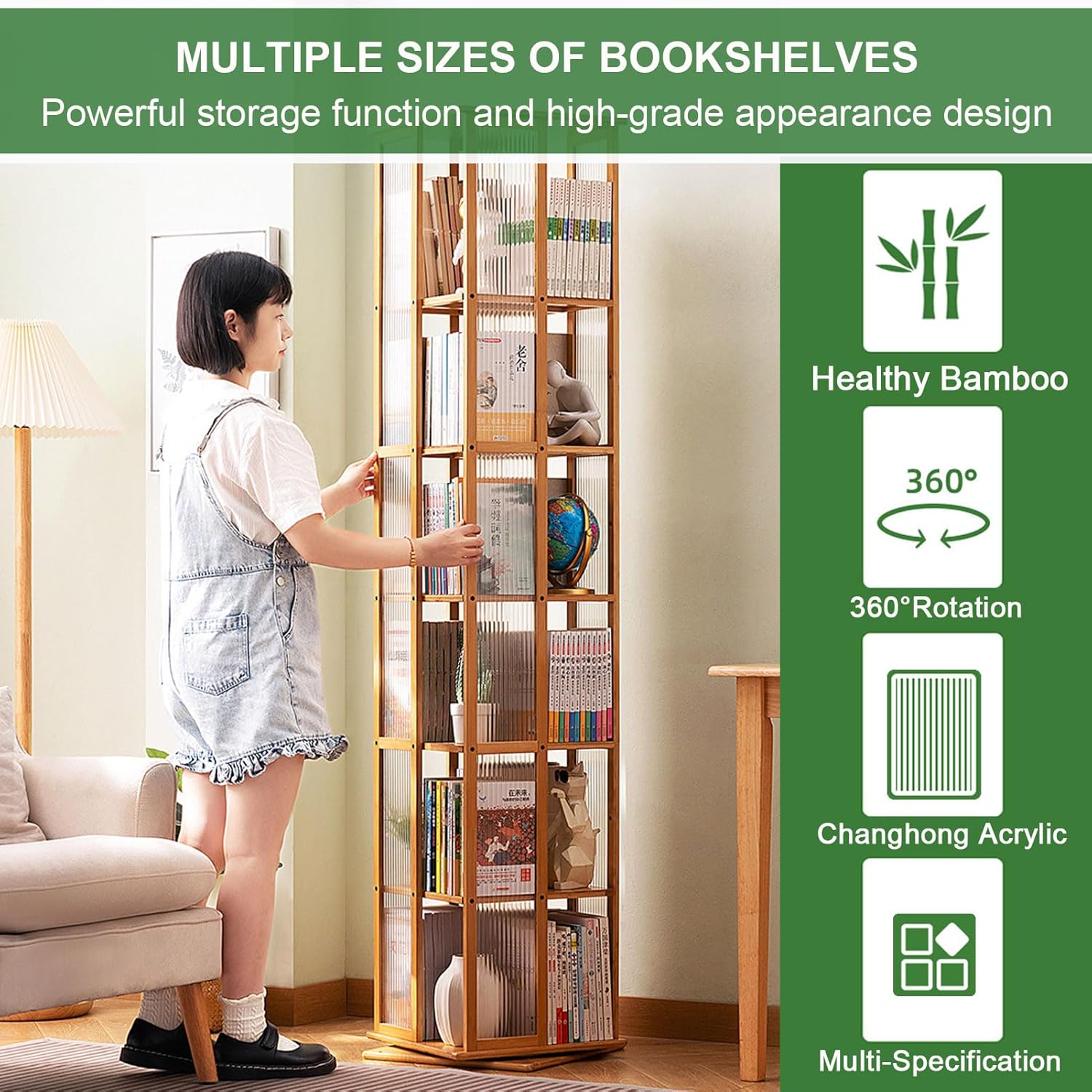 ARMERI 6 Tier Bamboo Bookcase Corner Tall Book Shelf Modern 360° Rotating Storage Display Rack Floor Standing Shelves with Open Design Shelving Unit for Home Office Living Room Study,Brown,6 Tier