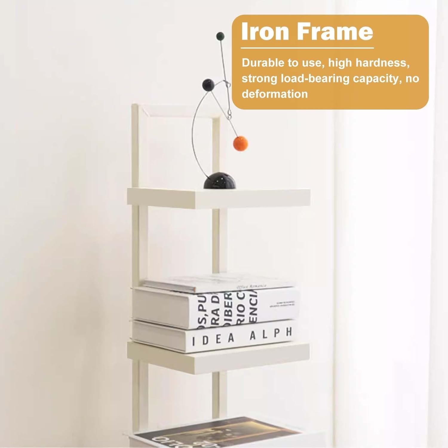Vertical Bookshelf Tower Modern Shelf, White Metal Frame & Wood Board Bookcase, Corner Book Organizers for Small Space, 6 Layer Spine Book Tower