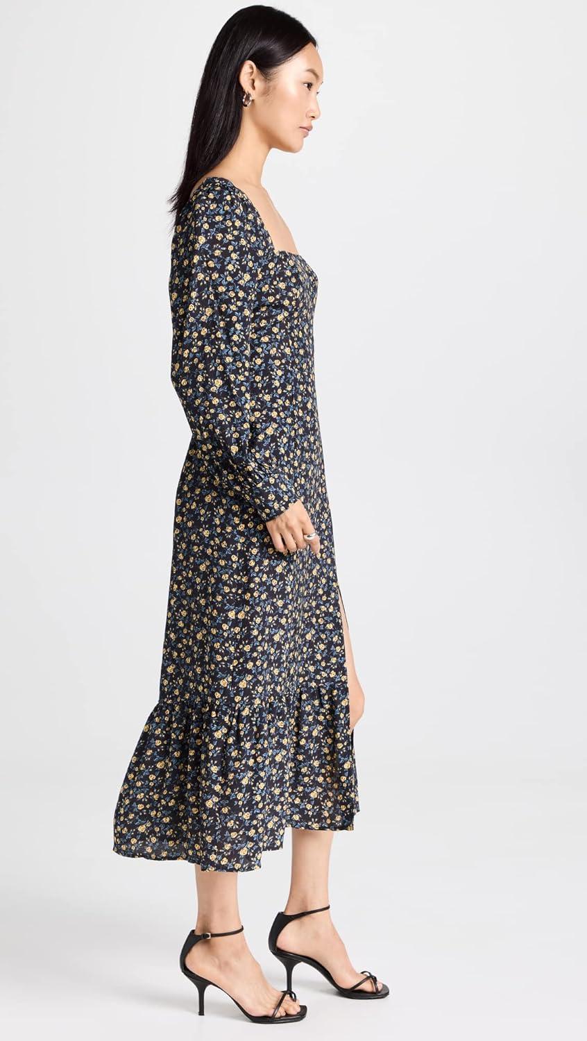 PAIGE Women's Bacari Long Sleeve Midid Dress with Smocking in The Back in Black Multi