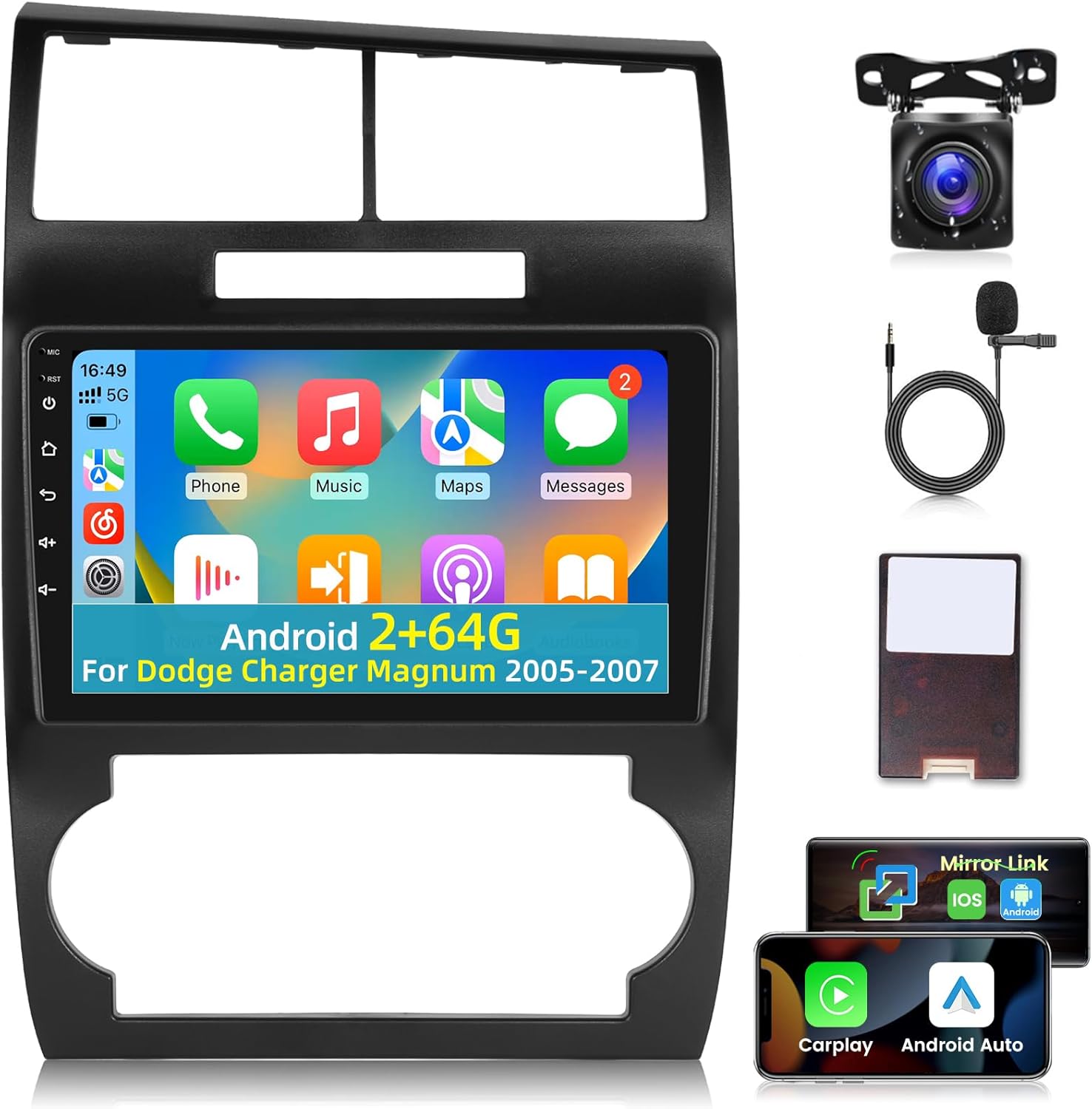 [2+64G] for Dodge Charger Magnum 2005-2007 Car Radio with Wireless Carplay and Android Auto - 9 Inch Touch Screen Android Car Stereo - Multiple UI/GPS/WiFi/SWC + AHD Backup Camera