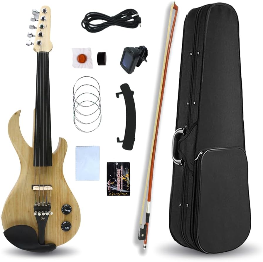 Electric Violin 4/4 Full Size Solid Wood Guitar Shape Body Silent Violin Set for Adults Beginner Practice Electric Fiddle with Ebony Fittings Hard Case & Bow (5 Strings log Color Big Jack)