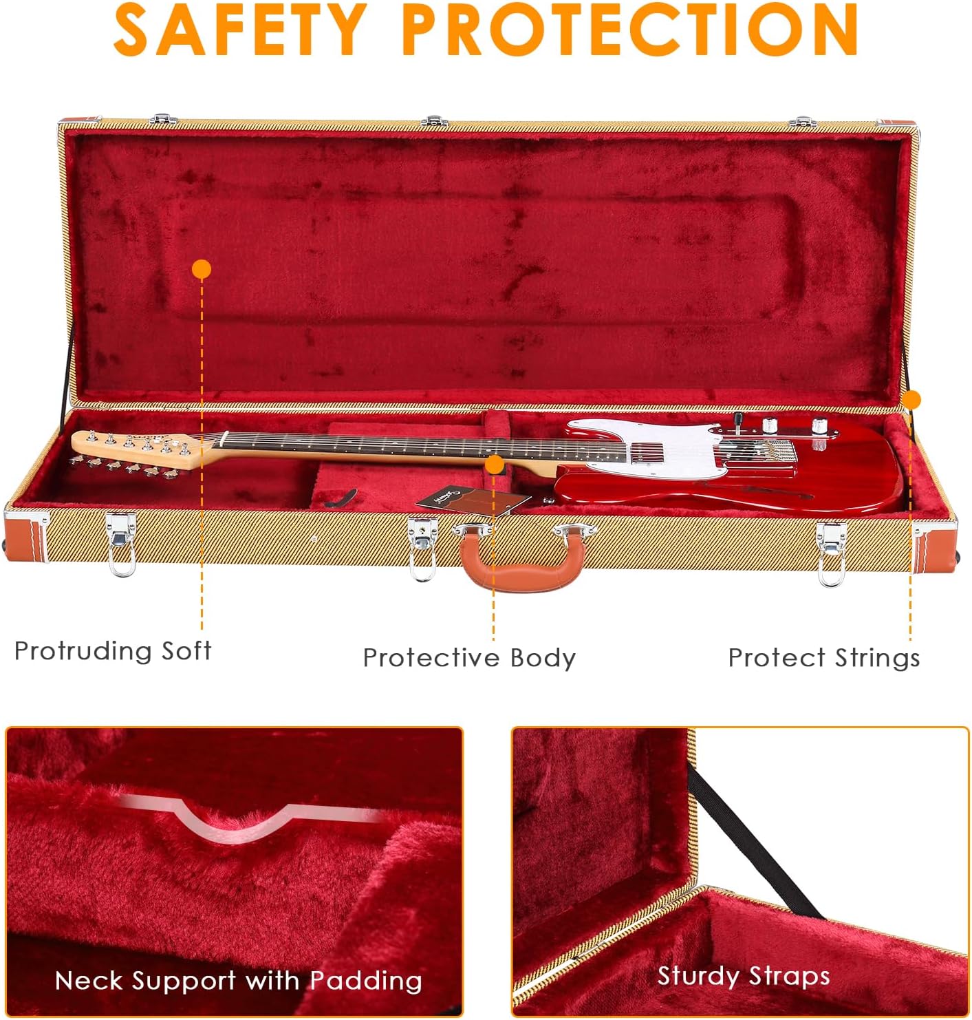 Ktaxon Electric Guitar Hard Case, Rectangle Wooden Standard 39-Inch Electric Guitars Hard-Shell Protective Carrying Case for KST/KTL/170 Model with Lock Latch Padding (Yellow)