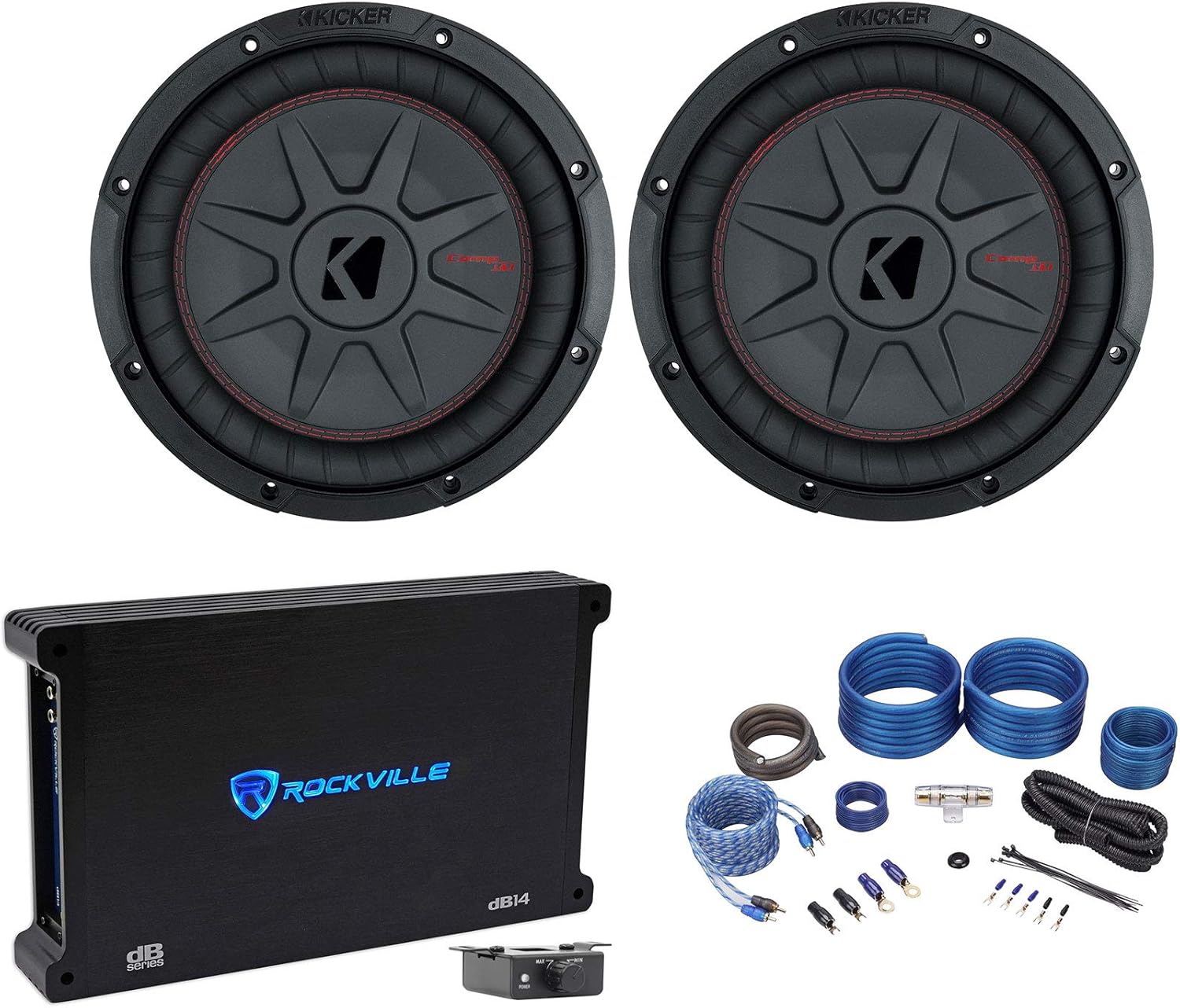 Kicker 48CWRT102 10'' 1600W Slim Shallow Car Subwoofers Bundle with Rockville dB14 4000 Watt Peak/1000w CEA RMS Mono 2 Ohm Amplifier Car Audio Amp & Rockville RWK41 Installation Wire Kit (3 Items)
