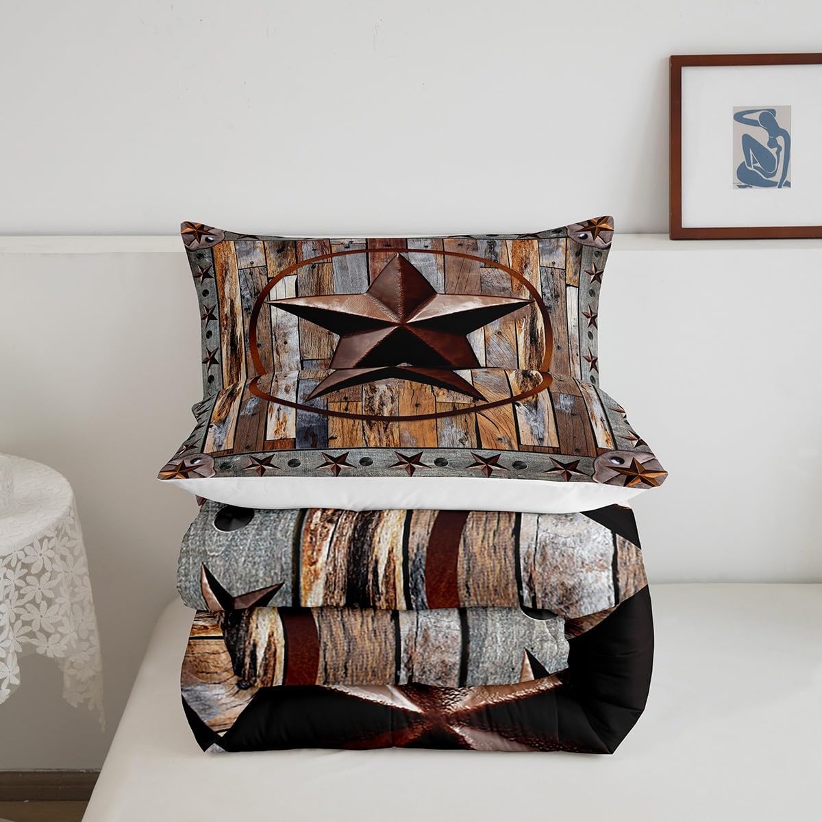 Feelyou Western Texas Star Comforter Rustic Wood Grain Comforter Set for Boys Girls Children Rustic Farmhouse Bedding Set Vintage Style Duvet Set Room Decor Quilt Set King Size