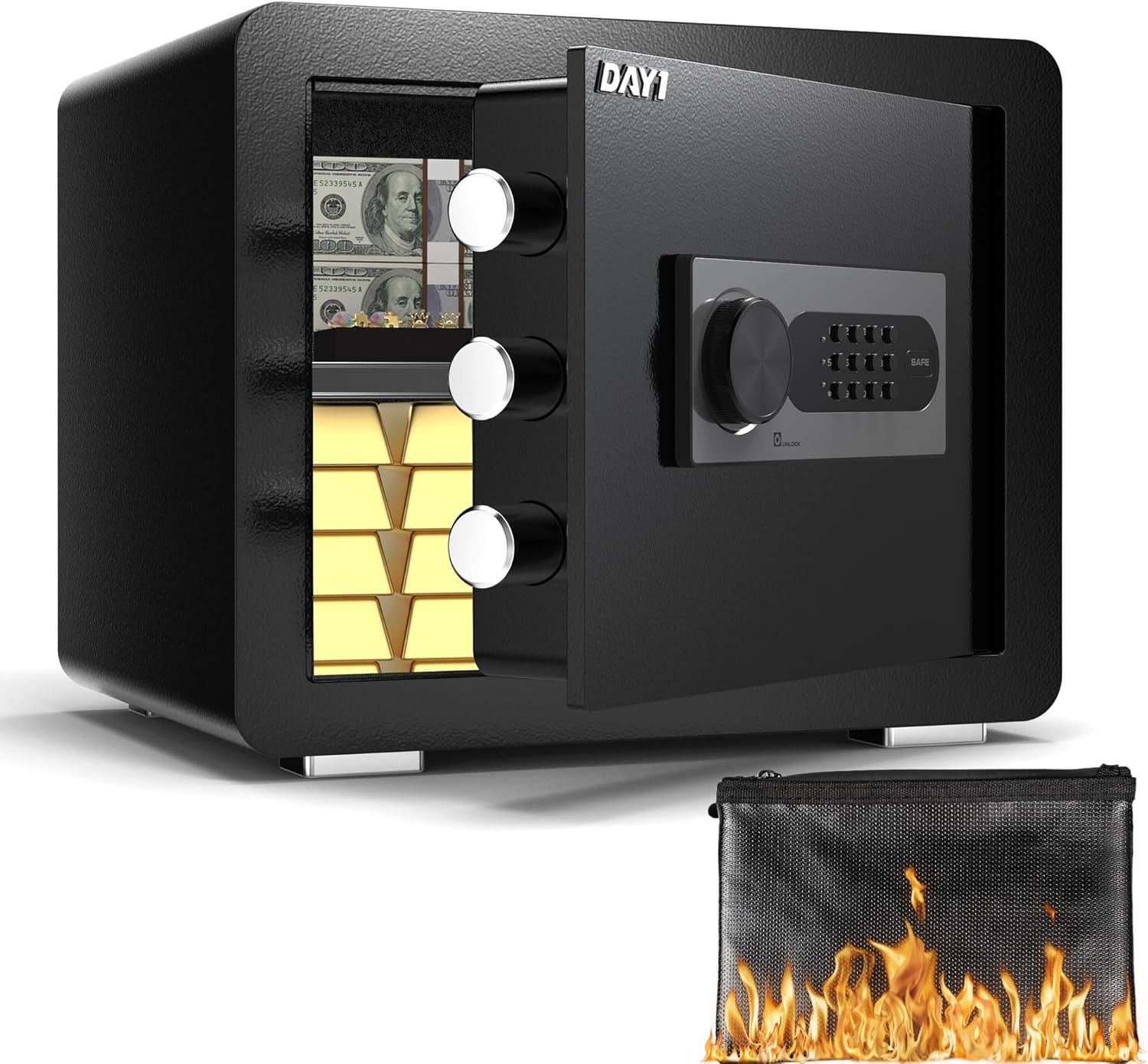 DAYI Safe Box, 0.8 Cubic Feet Home Safe with Fireproof Waterproof Bag, Security Safe Box for Money Cash Valuables, Digital Electronic Keypad, Dual Alarm System, Removable Shelf - D-25