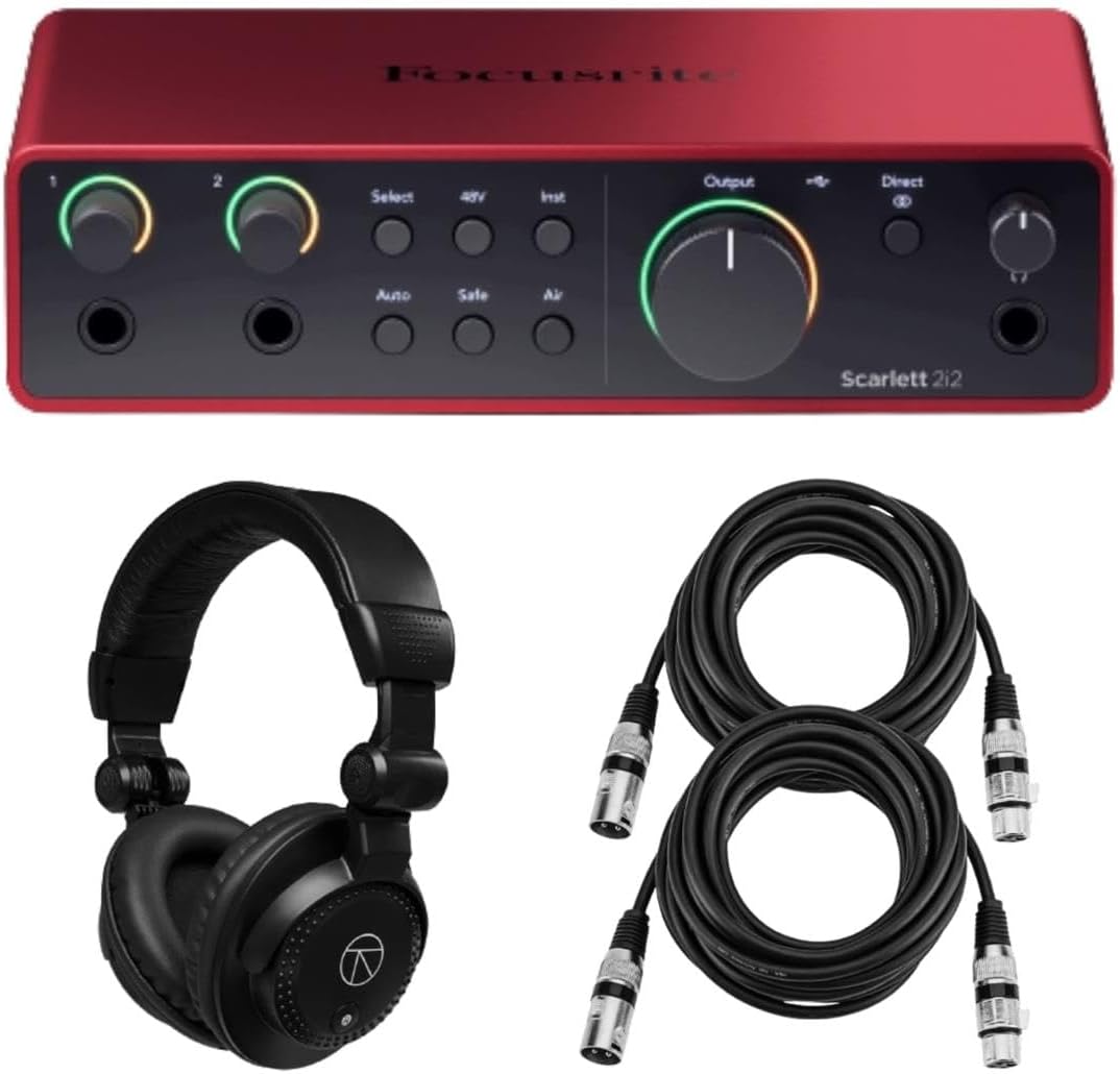 Focusrite Scarlett 2i2 4th Gen USB audio Interface with Software Suite bundle with TAPH100 Closed-Back Studio Monitor Headphones, 2x Microphone Cable