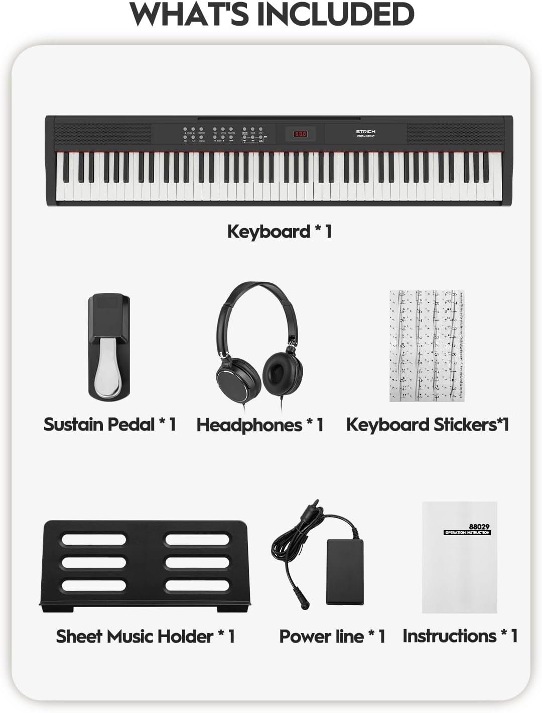 STRICH 88 Key Digital Piano Full Size Electric Keyboard with Semi-Weighted Sensitive Keys, Portable Electric Piano Set for Beginner, Bundle with Sustain Pedal, Headphones, Music Rest, SEP-150S